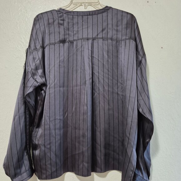 ATM Grey Silk Striped Tuxedo Pajama Blouse Size L Designer WorkMenswearInspired - Picture 11 of 16